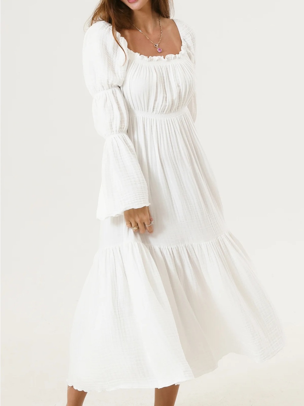 Nothing Fits But - Seine Dress(White Long Sleeve Maxi Dress with Smocked Bodice)